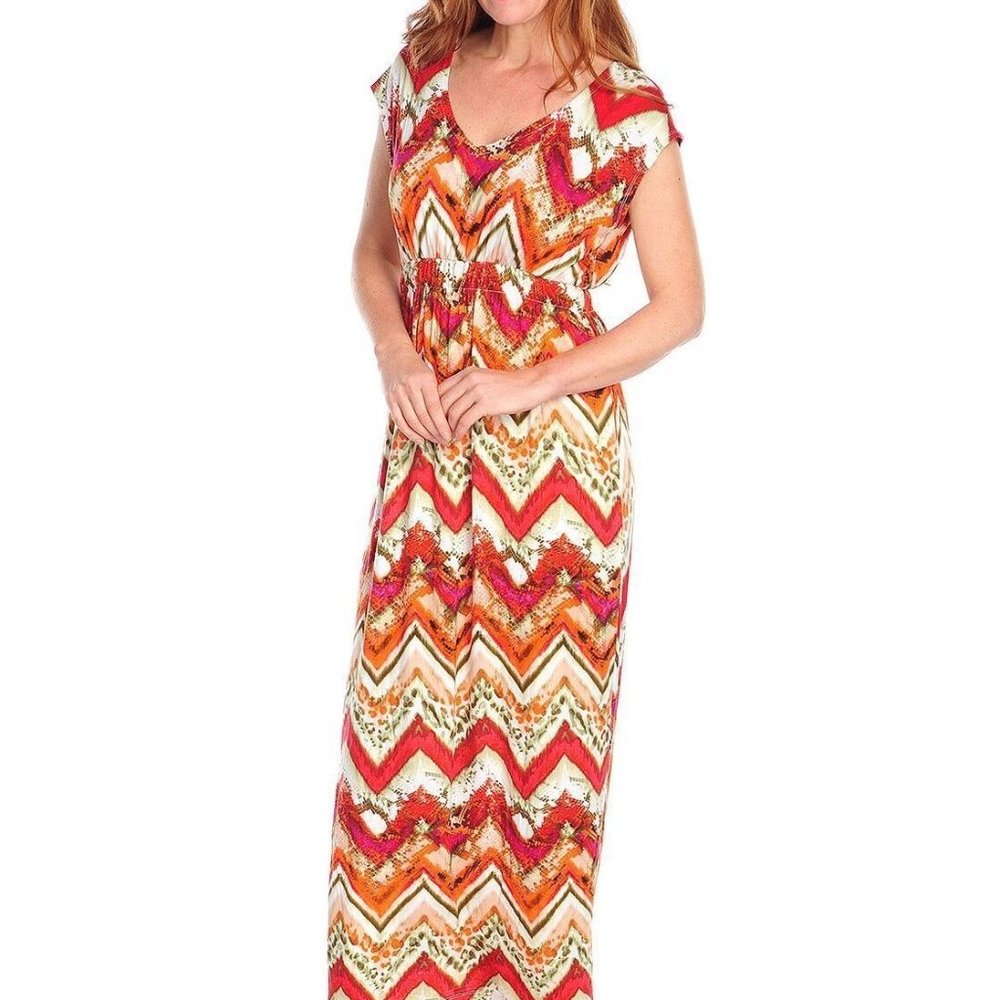 One World Abstract Animal Print Maxi Dress Jersey Knit  Sz S NWOT